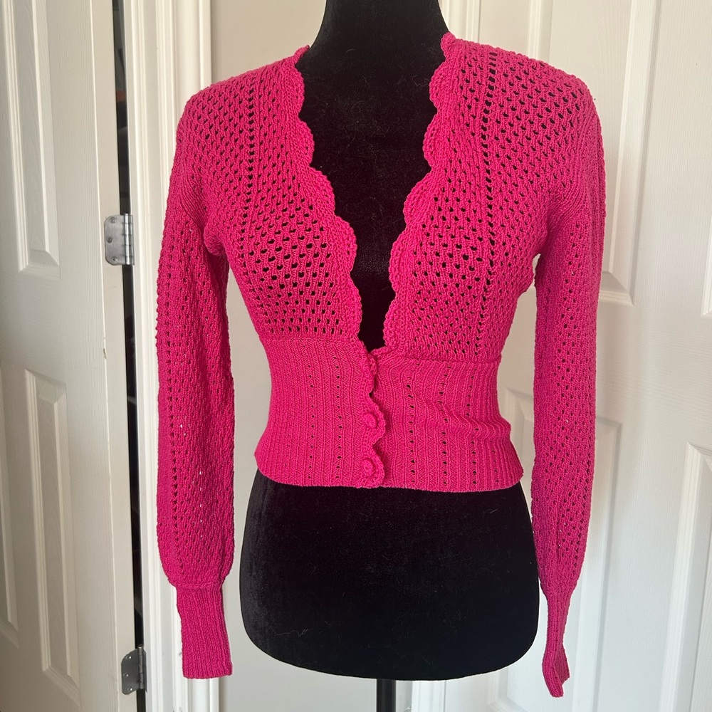 Aritzia Bright Pink Scalloped Knit Cardigan